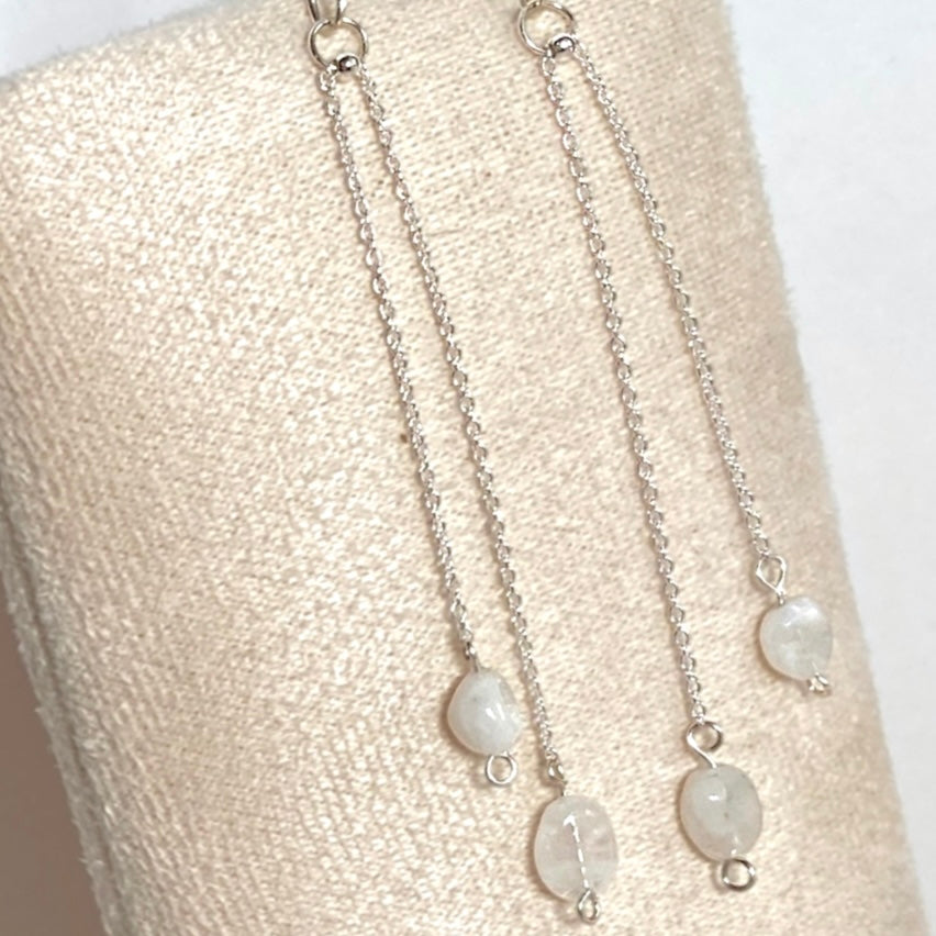 Natural Moonstone silver chain dangle earrings | Sterling silver | June birthstone