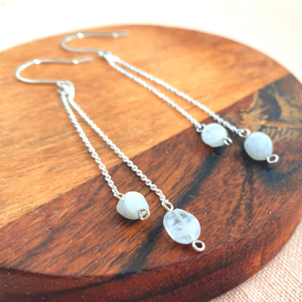 Natural Moonstone silver chain dangle earrings | Sterling silver | June birthstone
