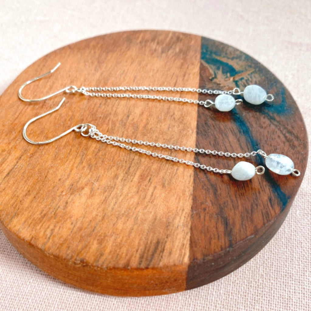 Natural Moonstone silver chain dangle earrings | Sterling silver | June birthstone