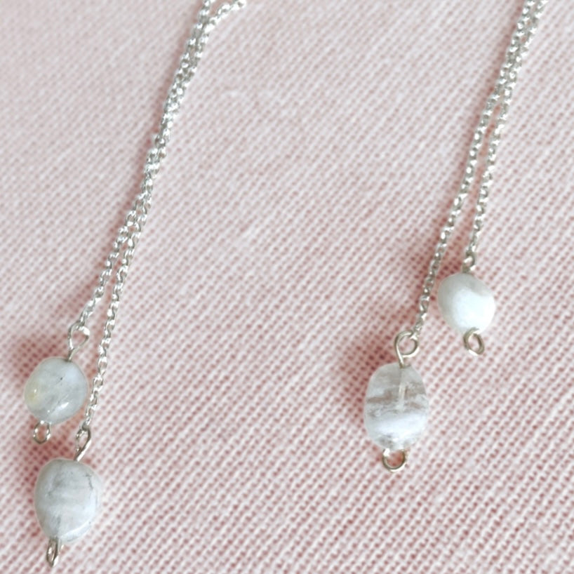 Natural Moonstone silver chain dangle earrings | Sterling silver | June birthstone