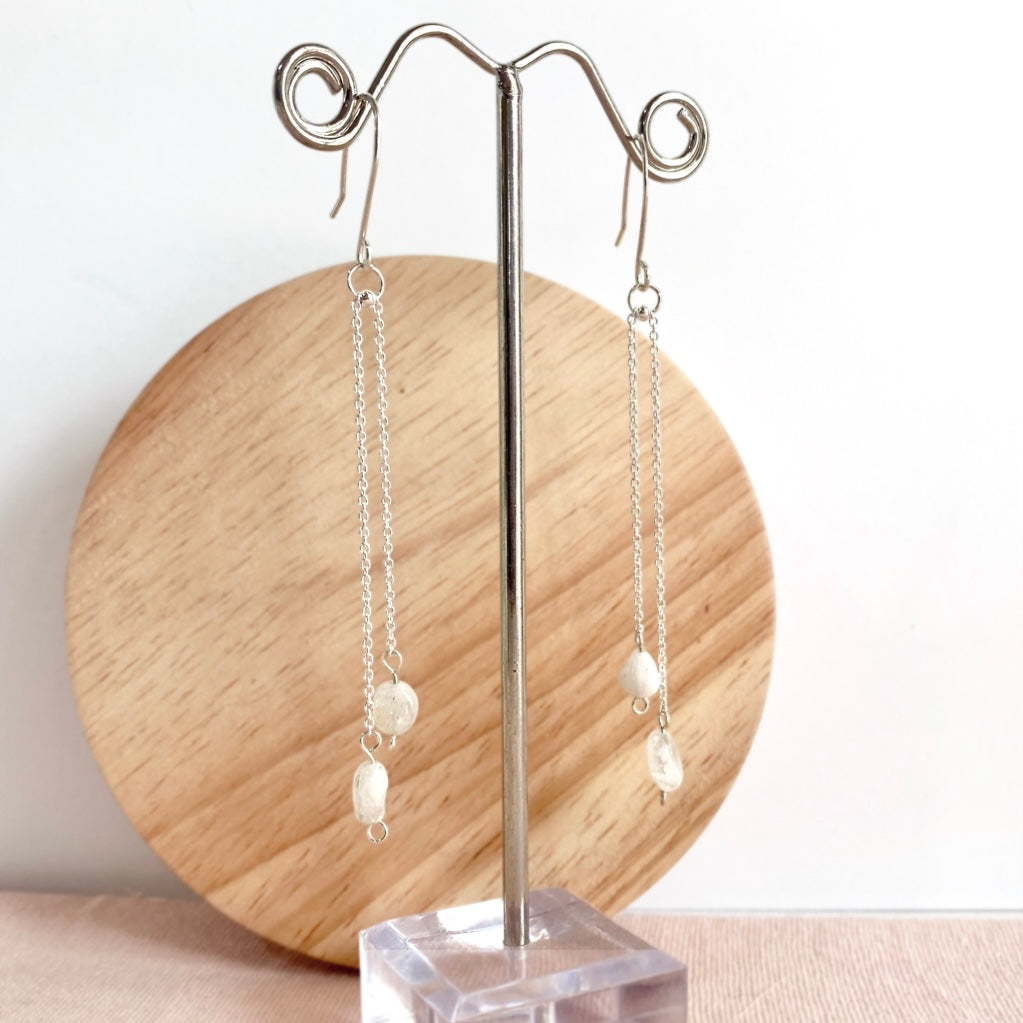 Natural Moonstone silver chain dangle earrings | Sterling silver | June birthstone