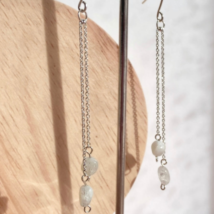 Natural Moonstone silver chain dangle earrings | Sterling silver | June birthstone