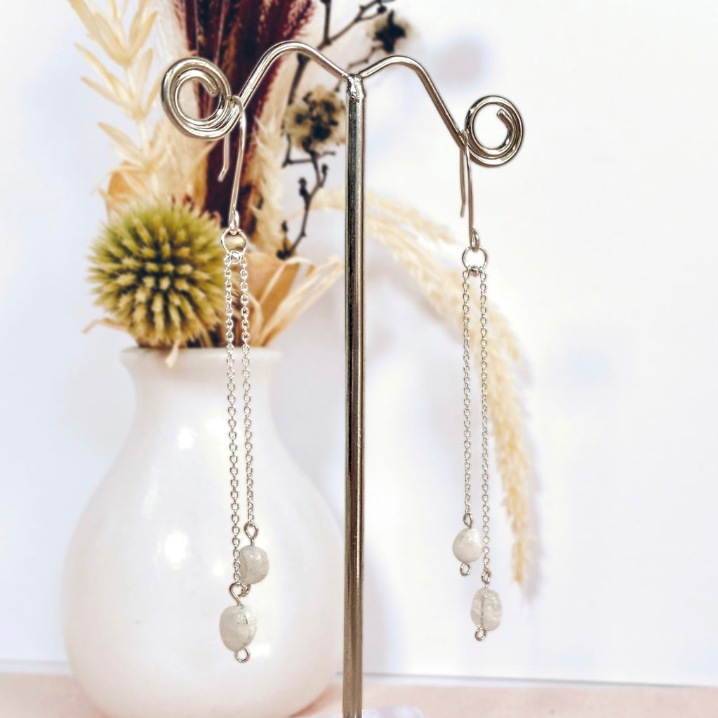 Natural Moonstone silver chain dangle earrings | Sterling silver | June birthstone
