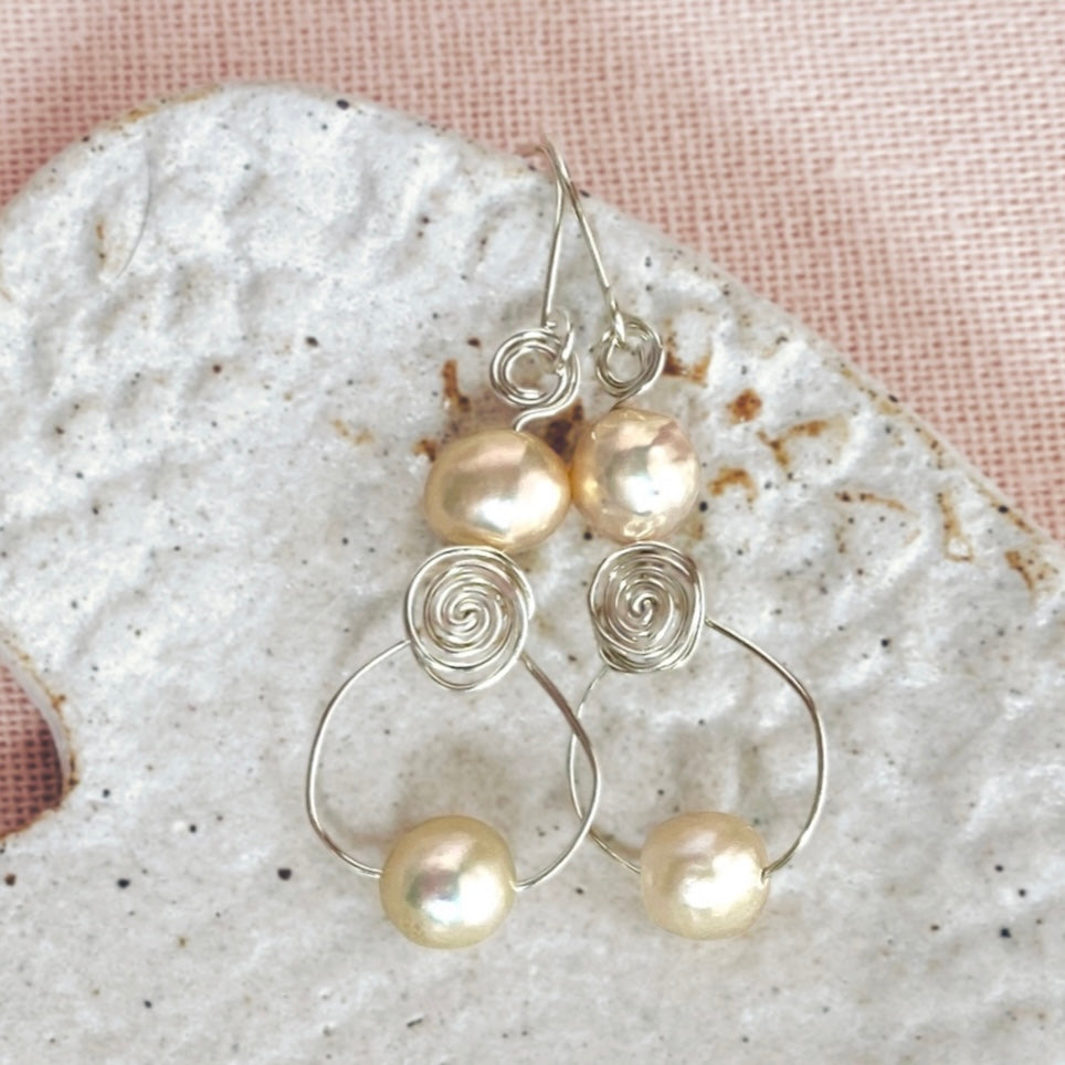 Pearl swirl dangle earrings | loop | Sterling silver or 14k gold-filled | June birthstone gift | Wedding jewellery