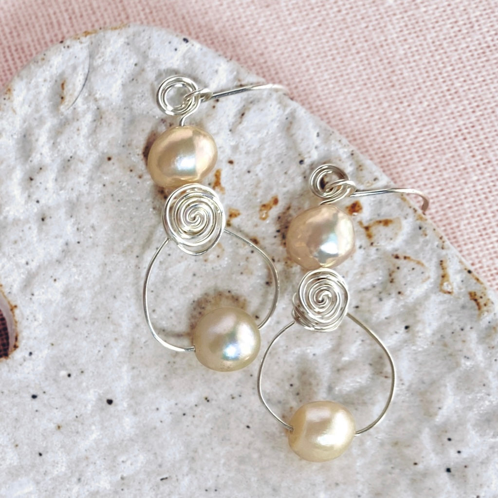 Pearl swirl dangle earrings | loop | Sterling silver or 14k gold-filled | June birthstone gift | Wedding jewellery