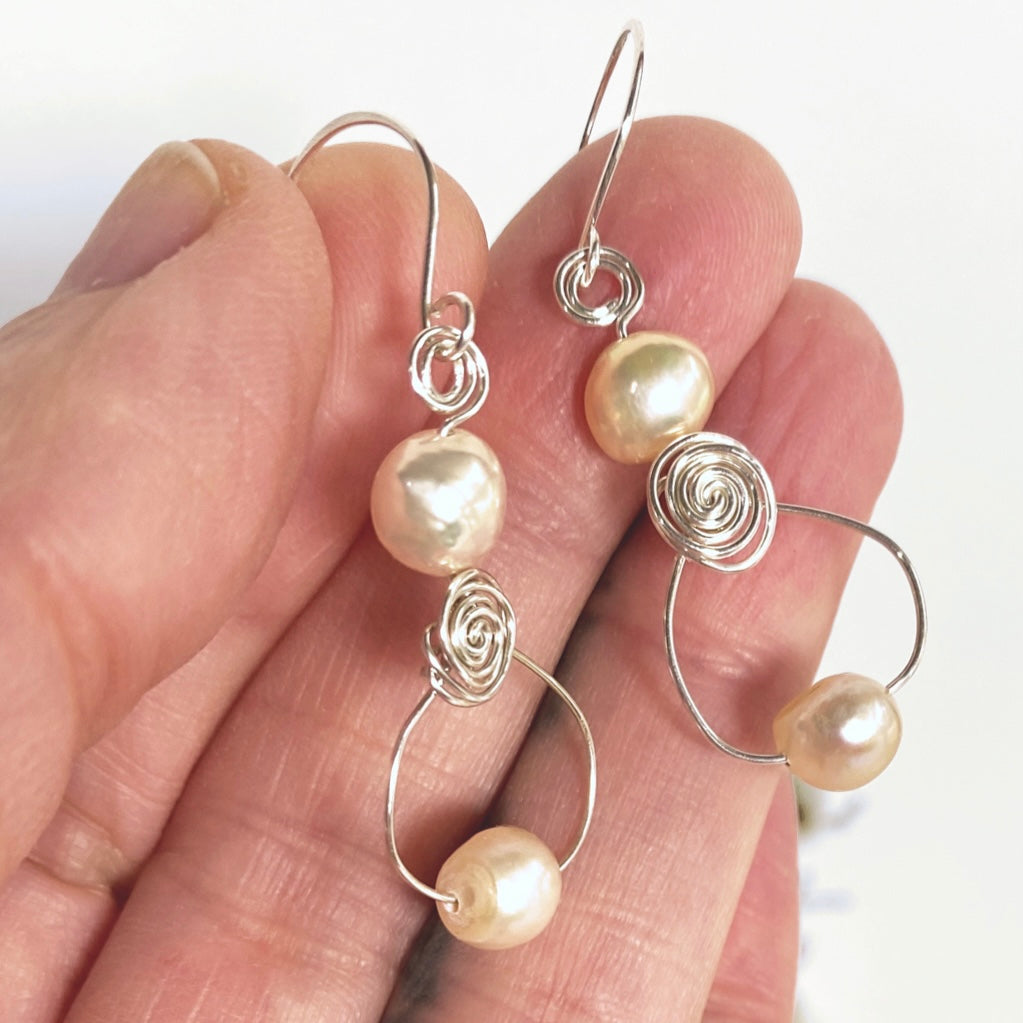 Pearl swirl dangle earrings | loop | Sterling silver or 14k gold-filled | June birthstone gift | Wedding jewellery