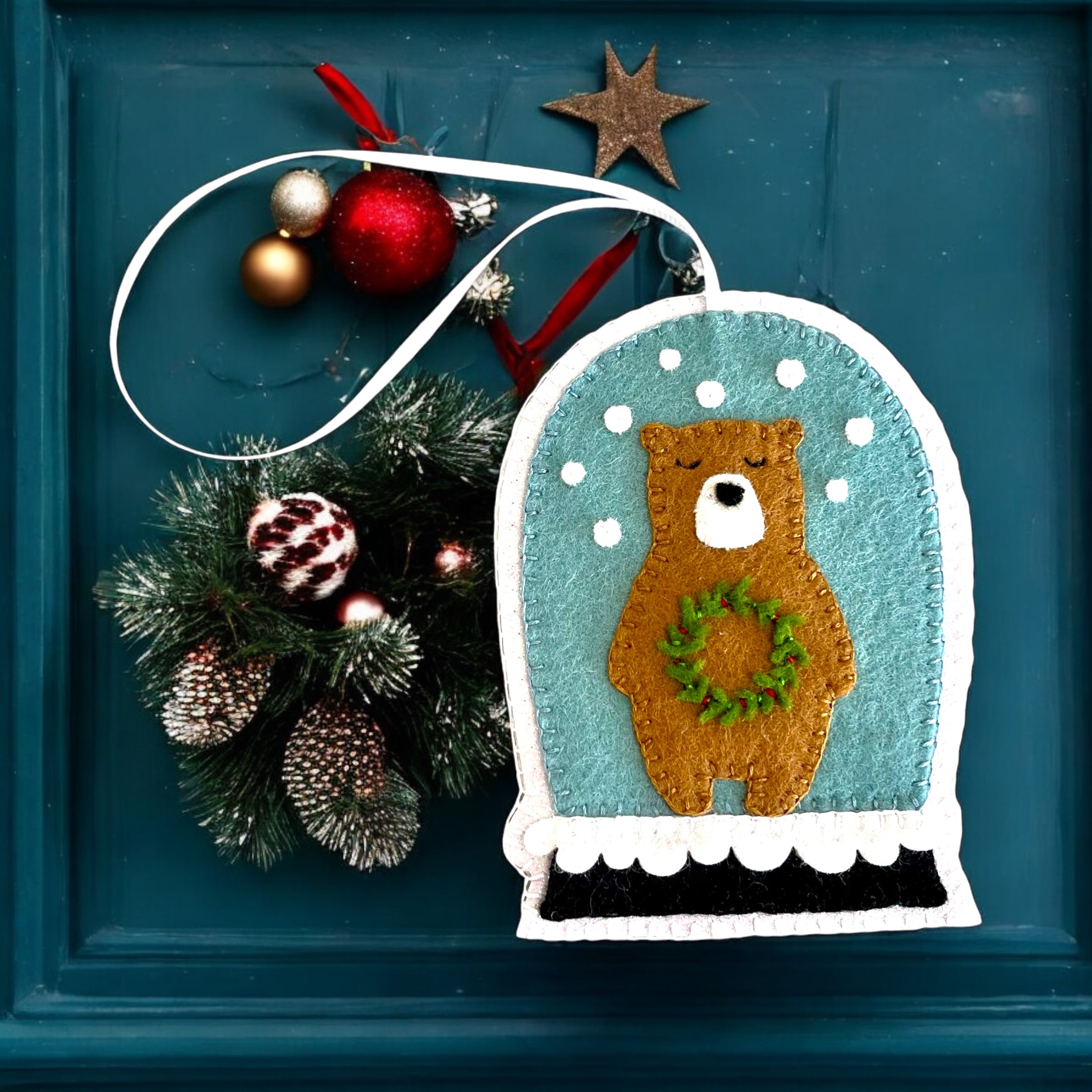 Handmade Felt Bear Snow Globe Christmas Ornament