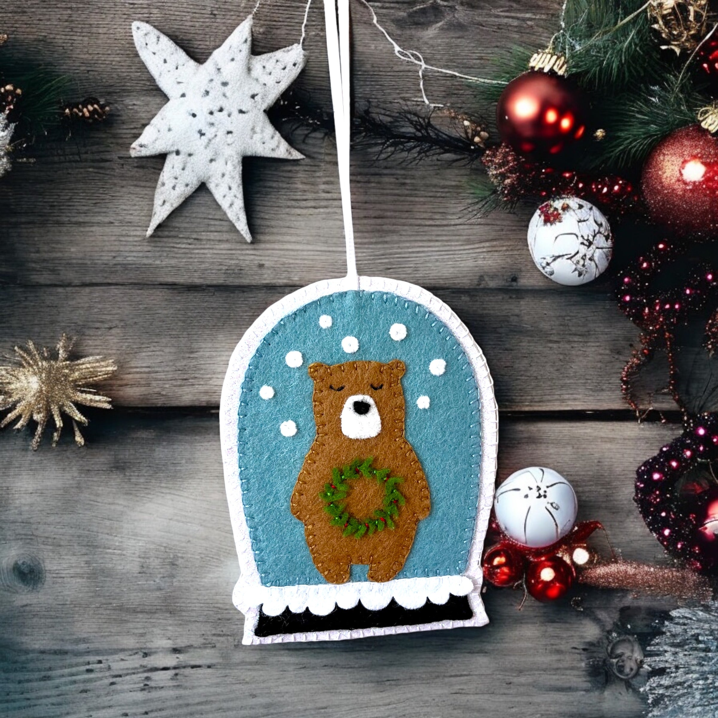Handmade Felt Bear Snow Globe Christmas Ornament