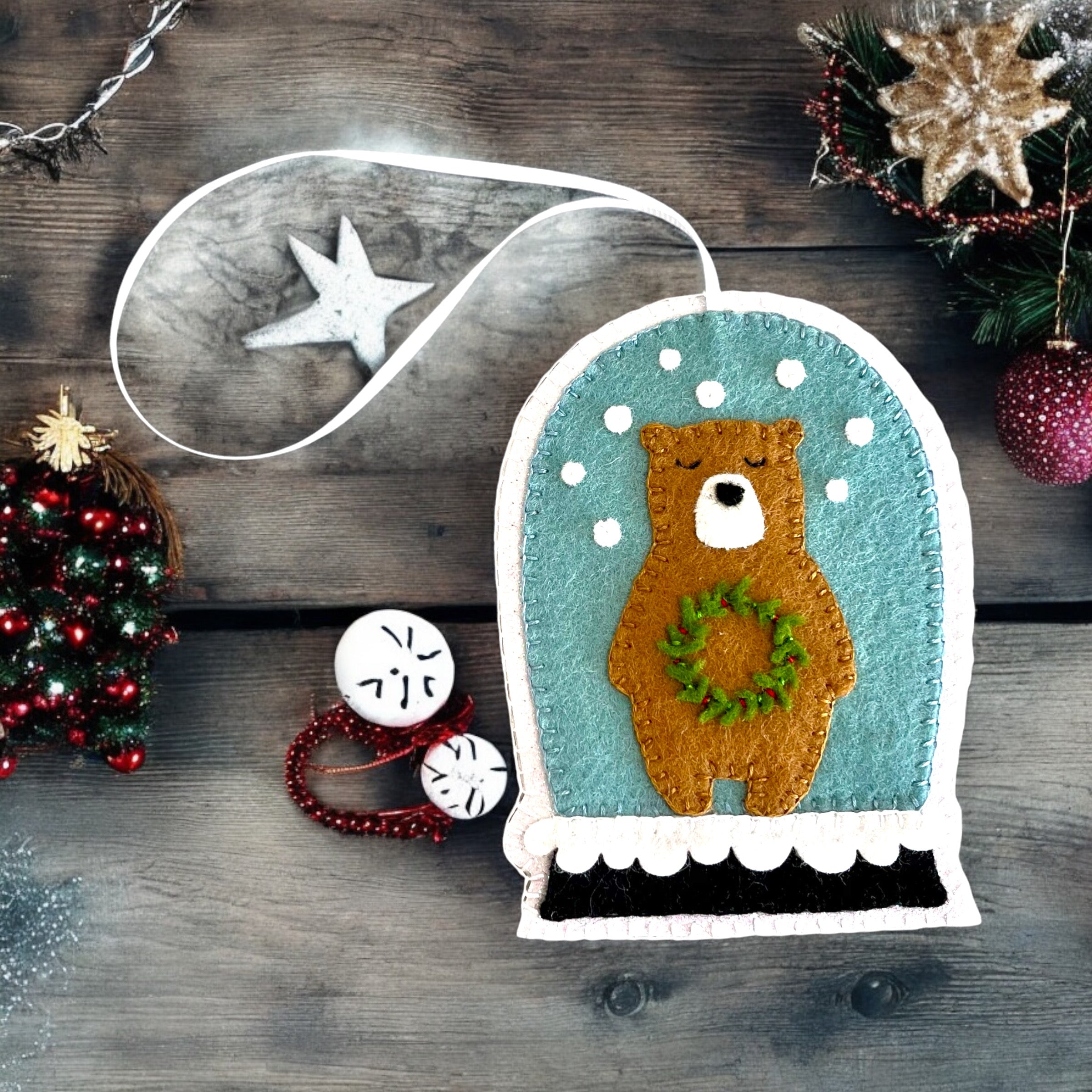Handmade Felt Bear Snow Globe Christmas Ornament