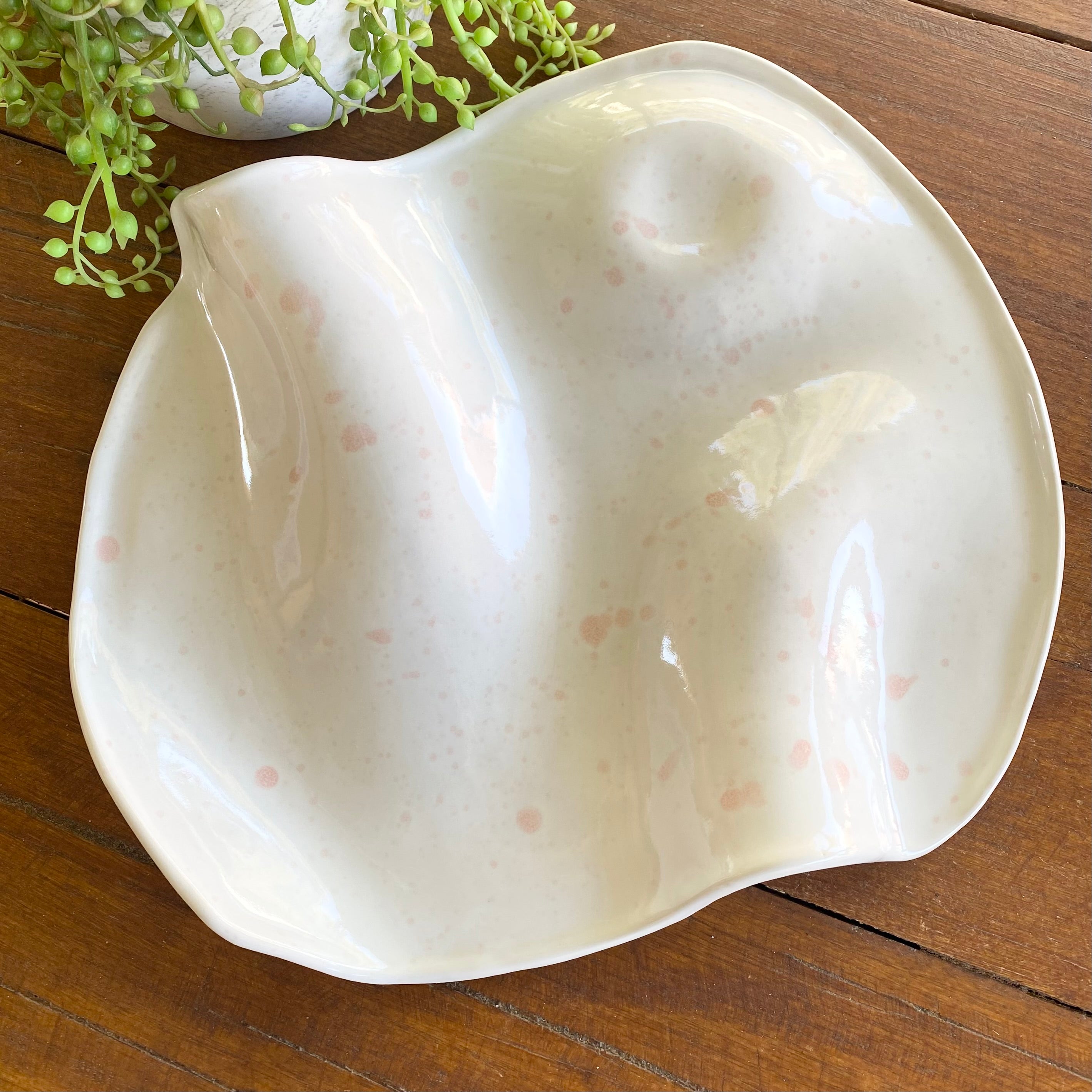 Large Ceramic Curvy Platter in White with Blush Pink Splashes|Handmade Pottery
