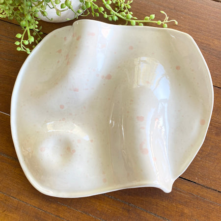 Large Ceramic Curvy Platter in White with Blush Pink Splashes|Handmade Pottery