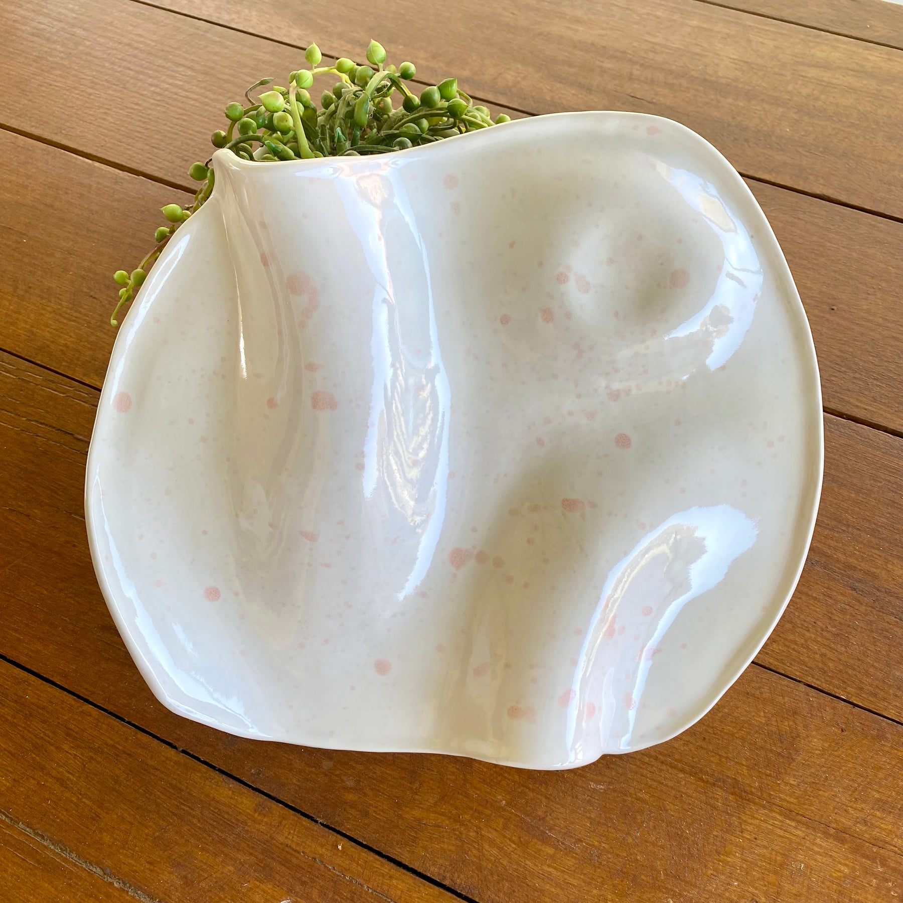 Large Ceramic Curvy Platter in White with Blush Pink Splashes|Handmade Pottery