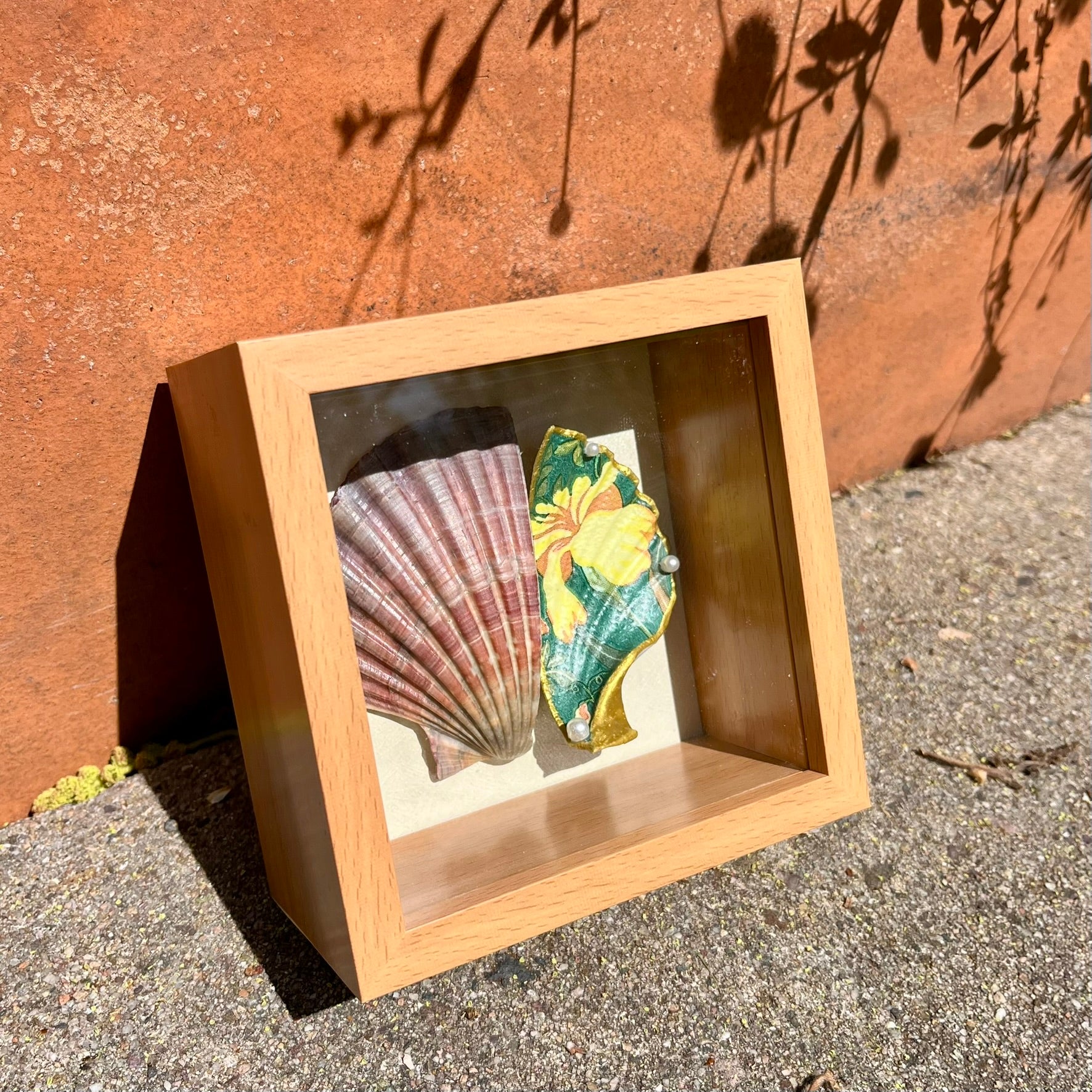 Framed Scallop Shell Art Yellow Floral