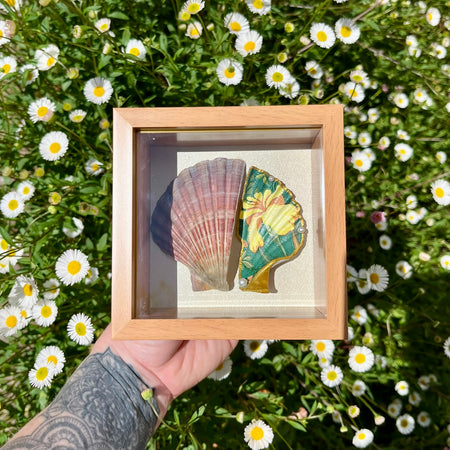 Framed Scallop Shell Art Yellow Floral