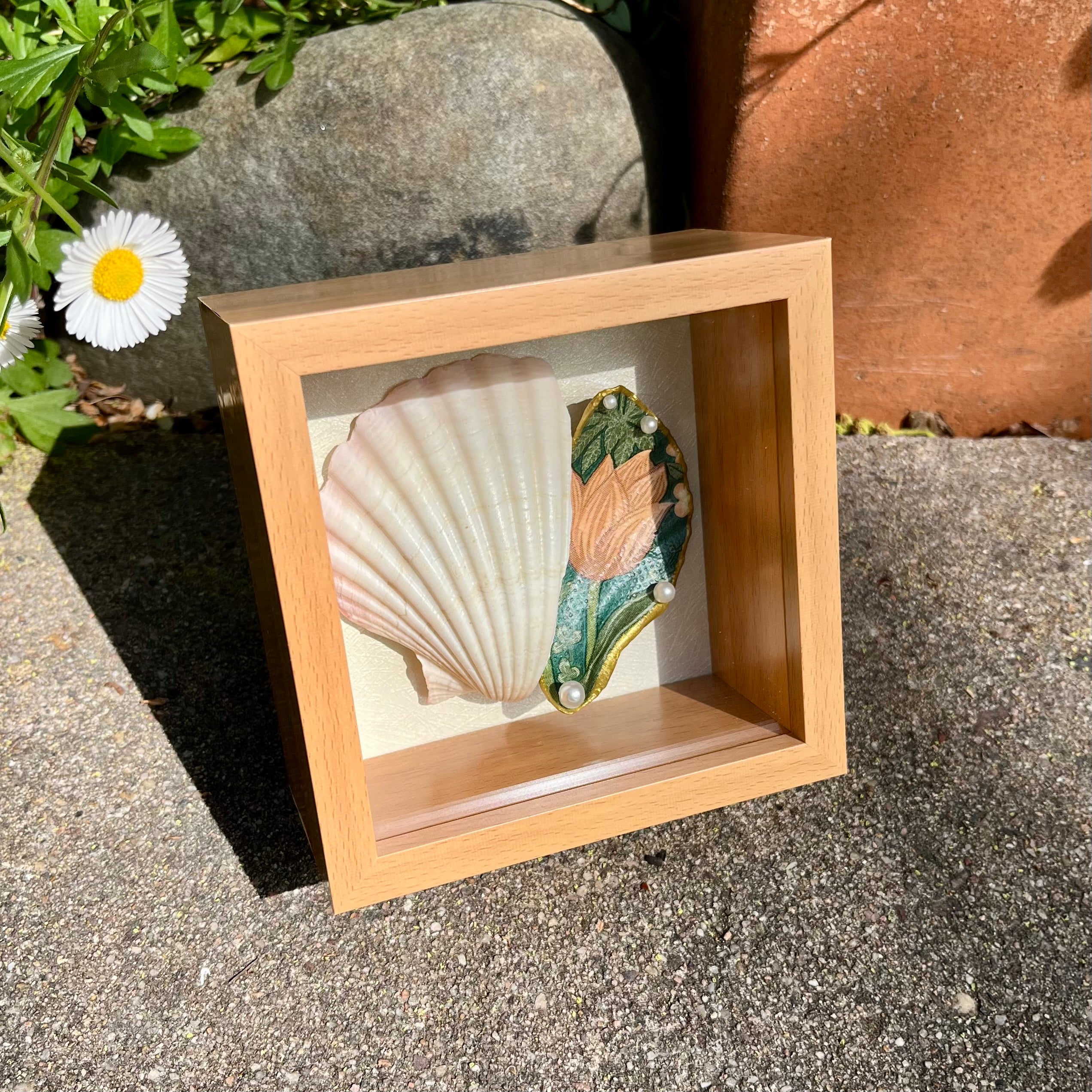 Framed Scallop Shell Art Pink Floral