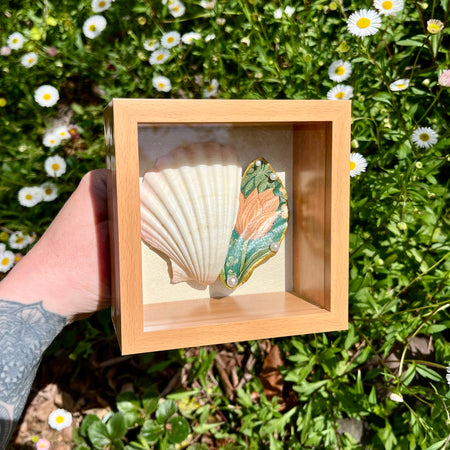 Framed Scallop Shell Art Pink Floral