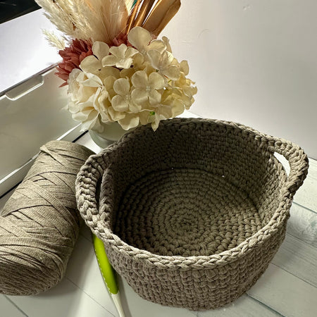 Neutral Beige Crocheted Basket - Large with Handles