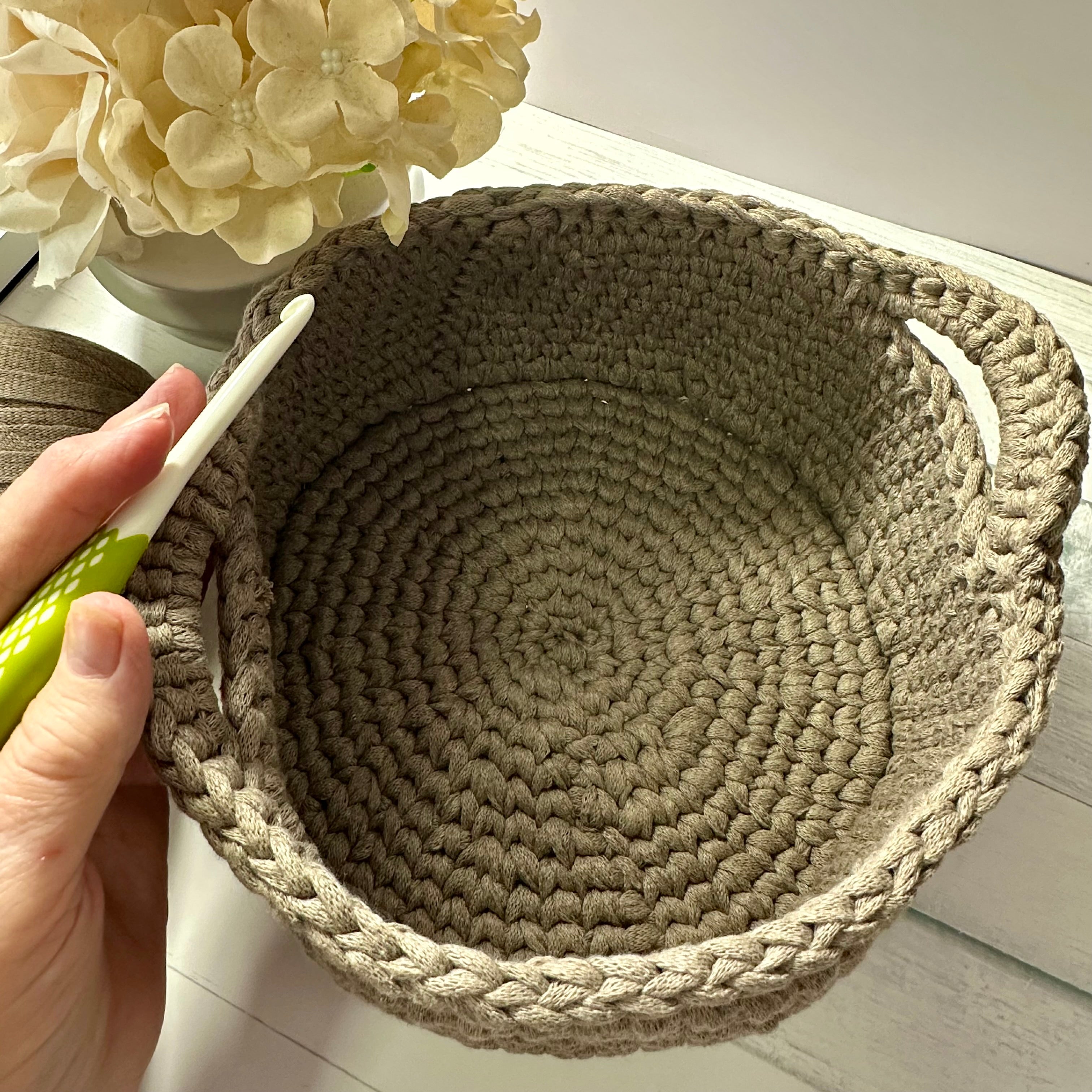 Neutral Beige Crocheted Basket - Large with Handles