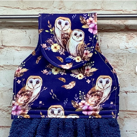 Owls hanging hand towel with fabric and loop top. - 4 Designs