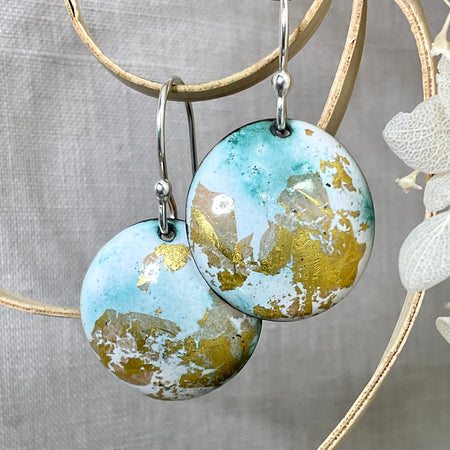 White, teal and gold. Handmade enamel earrings