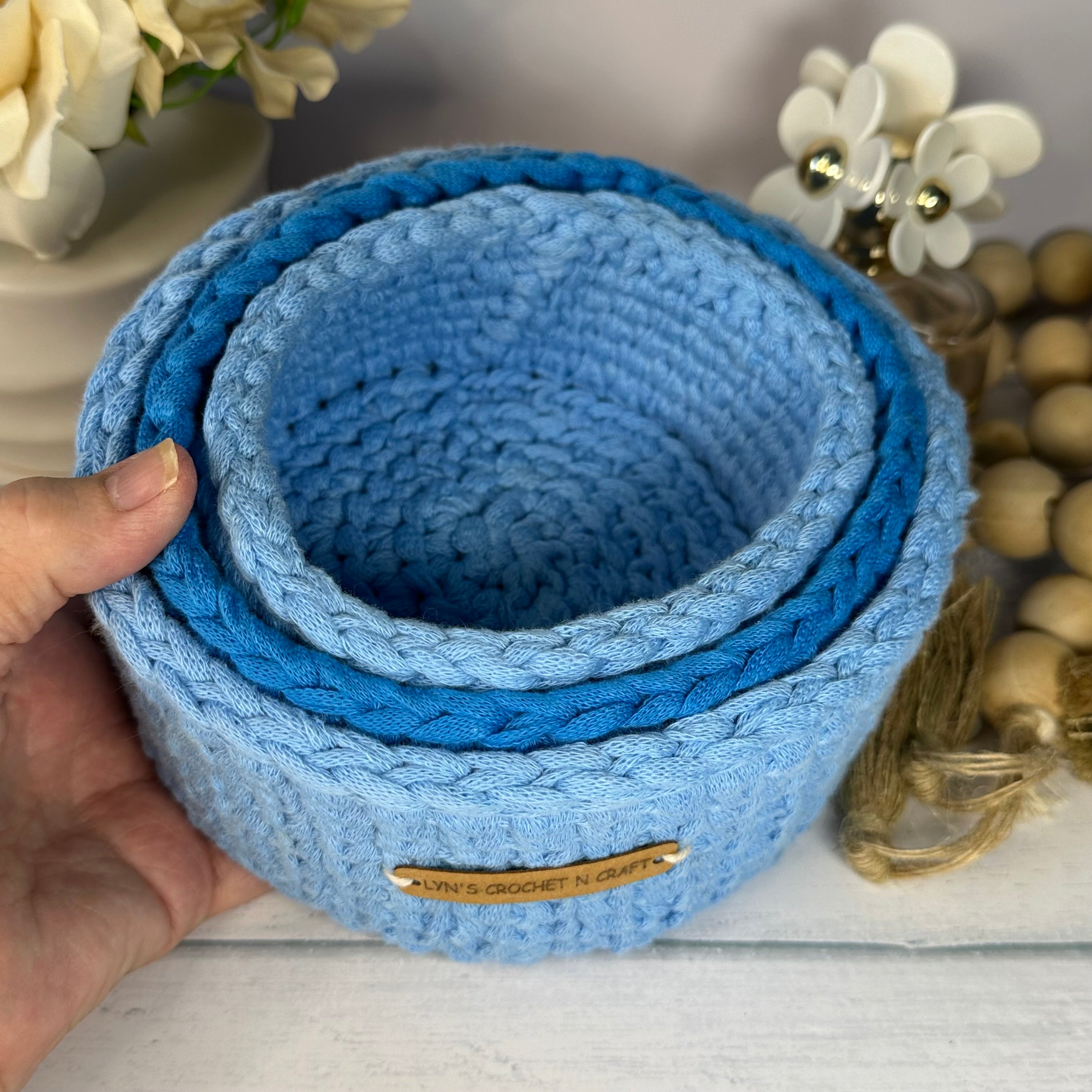 Handmade Crochet Blue Nesting Baskets