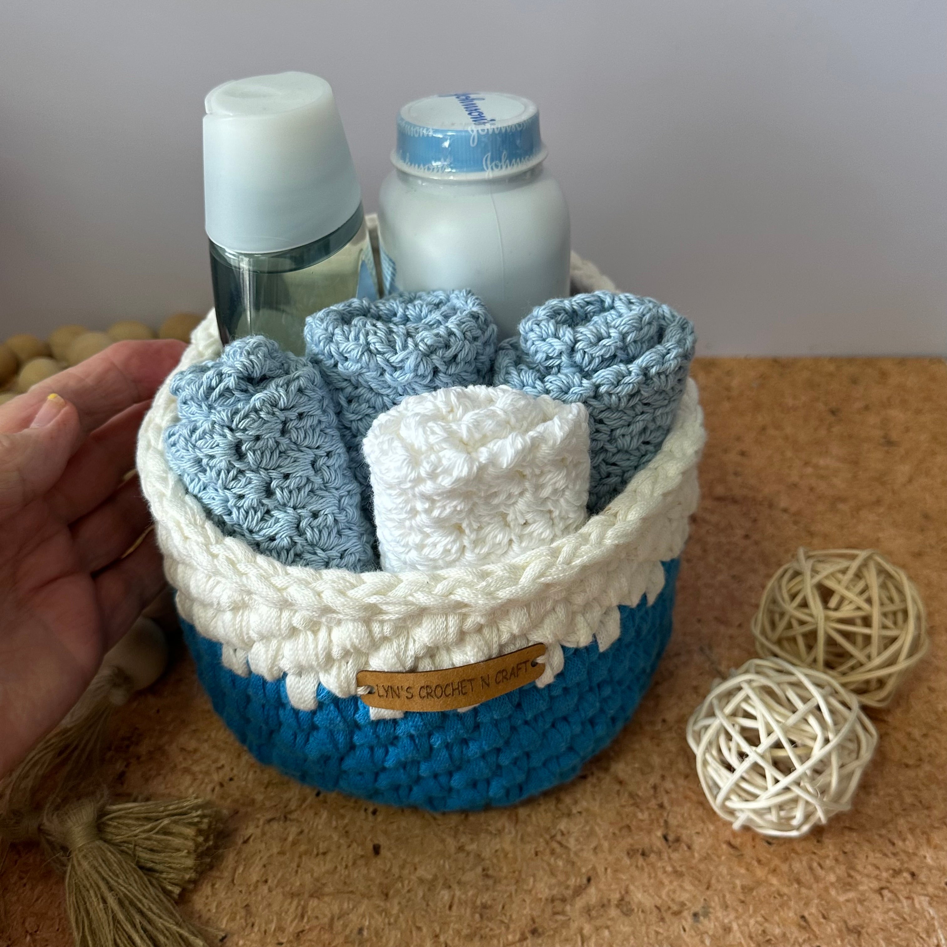 Handmade Blue and White Crochet Baby Basket