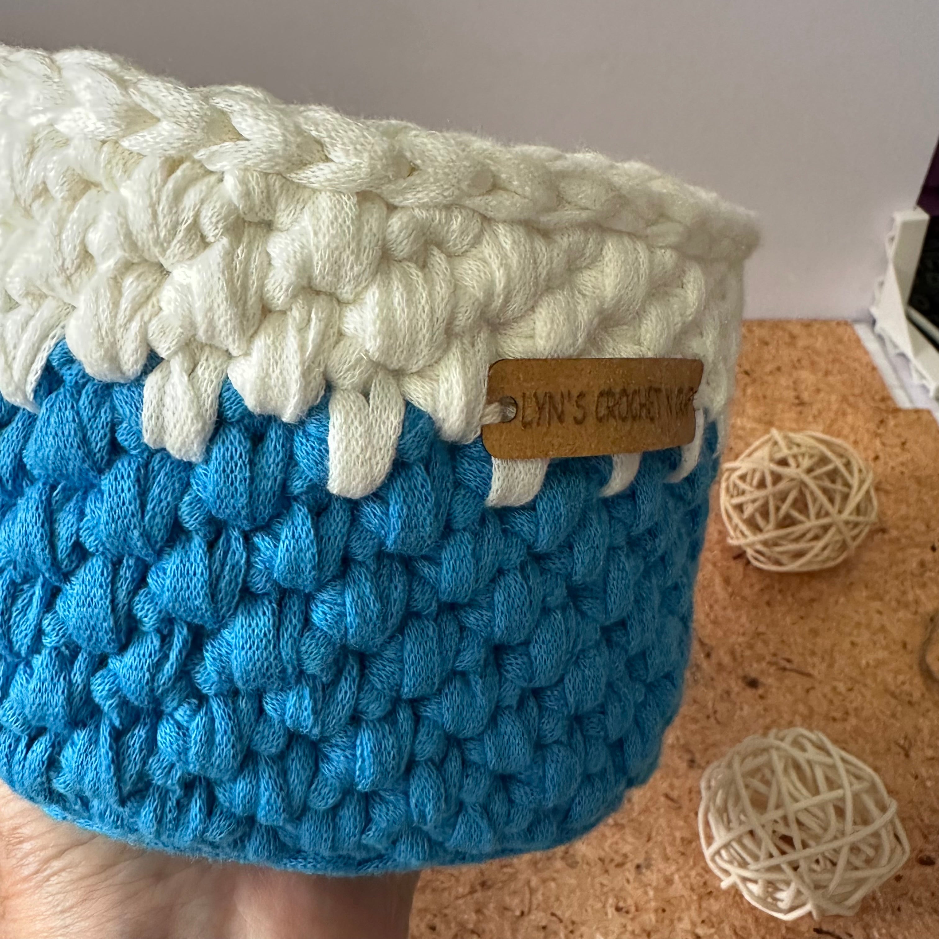 Handmade Blue and White Crochet Basket