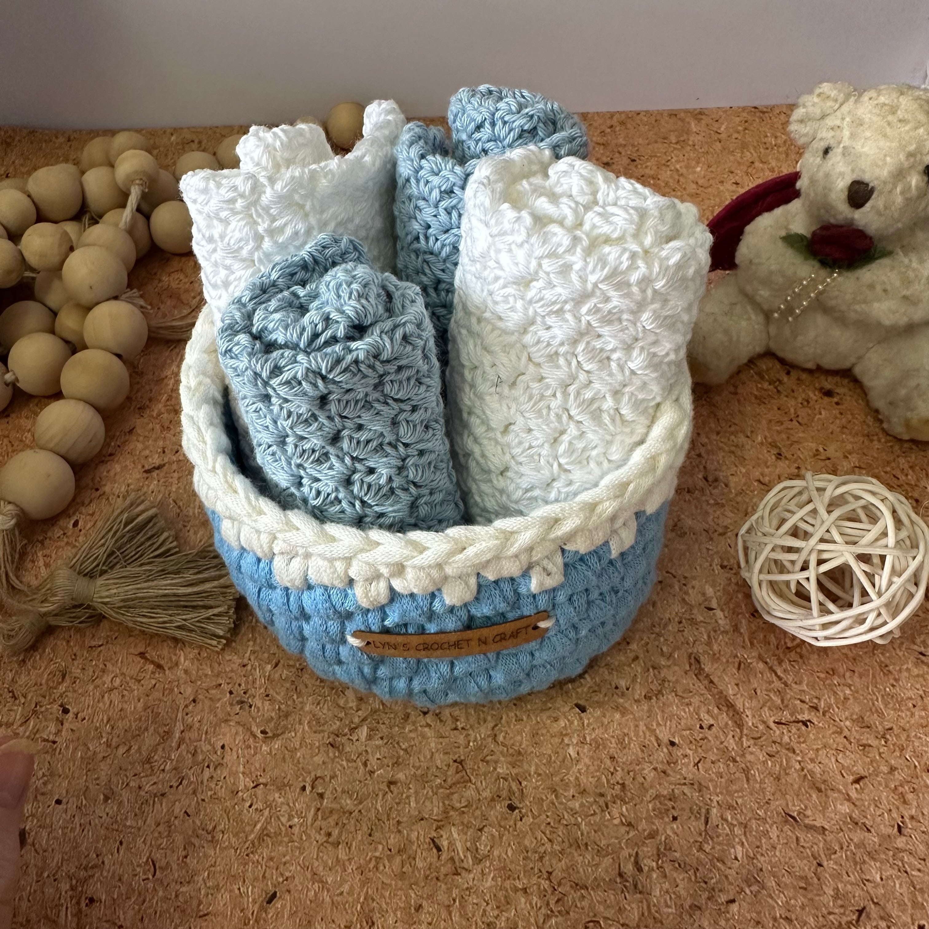 Handmade Crochet Blue & White Baby Basket - small