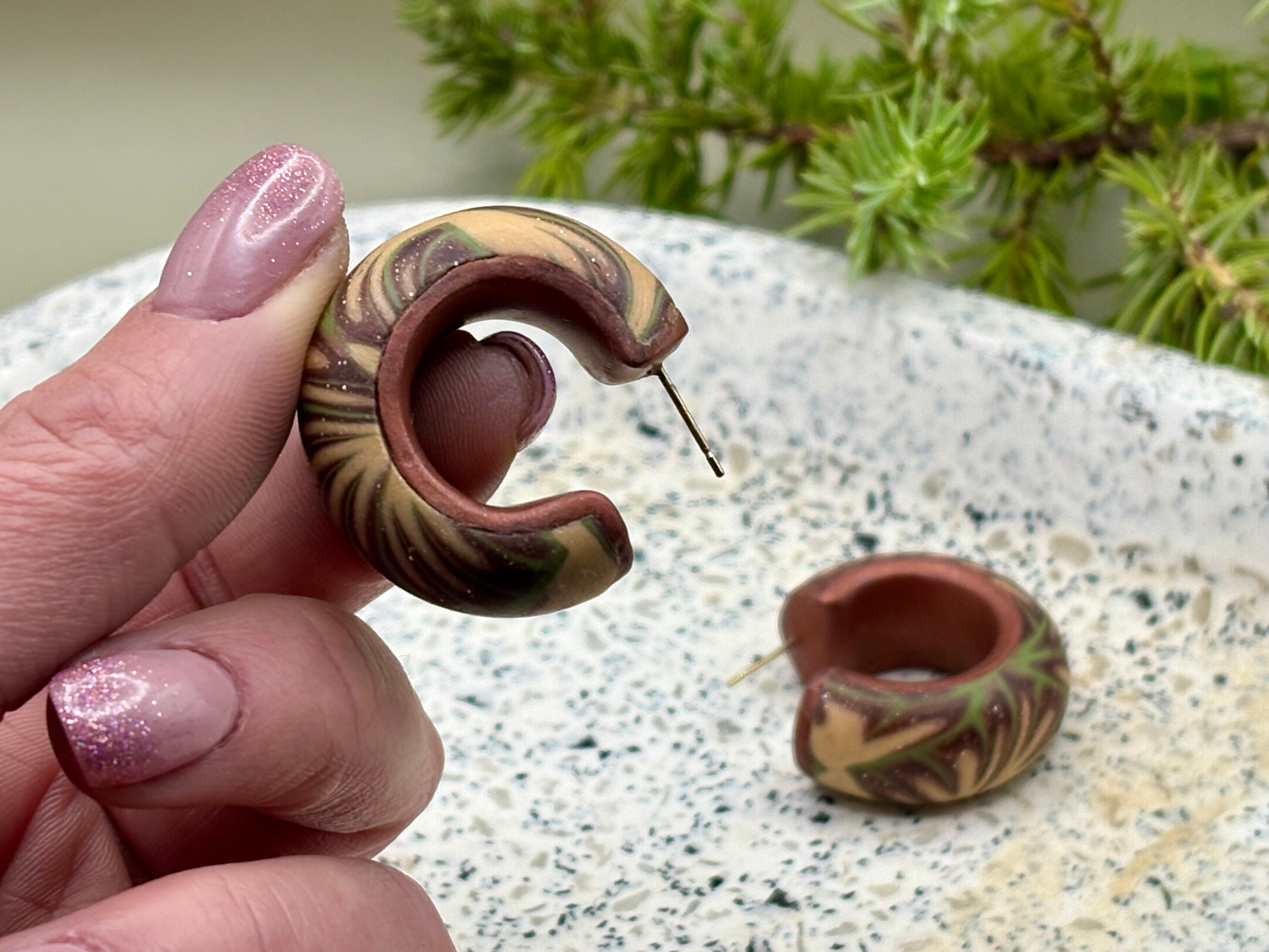 Green and bronze fern hoop earrings