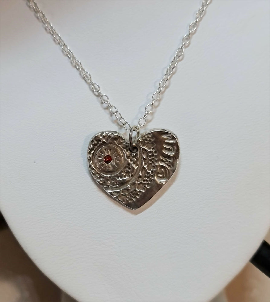 Handmade Fine Silver Crystal Mum Heart Textured Pendant