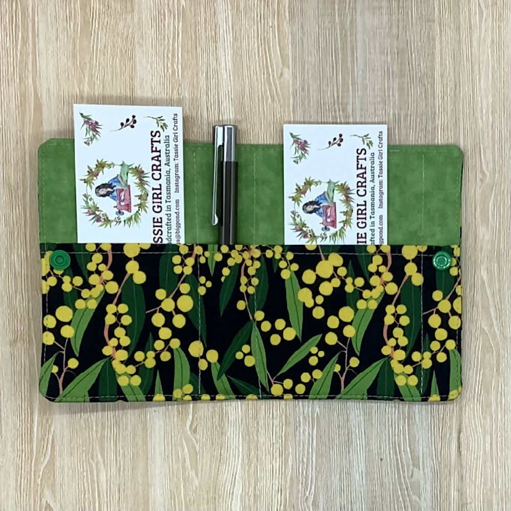 Australian Wattle refillable fabric pocket notepad cover with snap closure. Incl. book and pen.