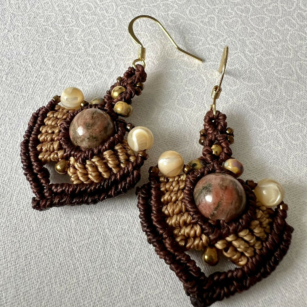 SOLD OUT- Jasper & Shell beads - Micro Macrame Earrings +Free Microfiber Pouch