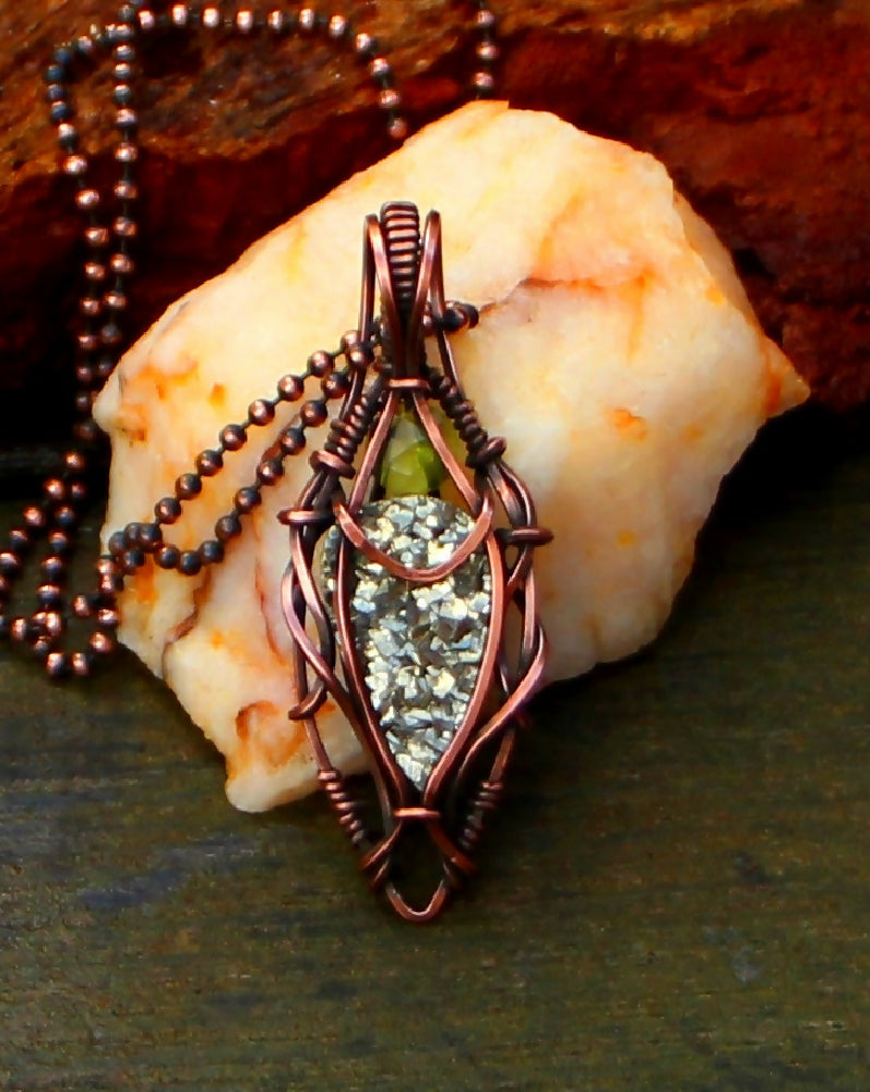 Pyrite with Peridot in Copper with chain