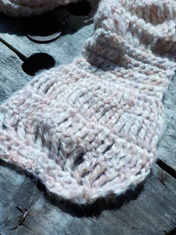 crocheted scarf in pale pinks mohair blend yarn