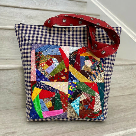 Quilted crazy patchwork tote with check border