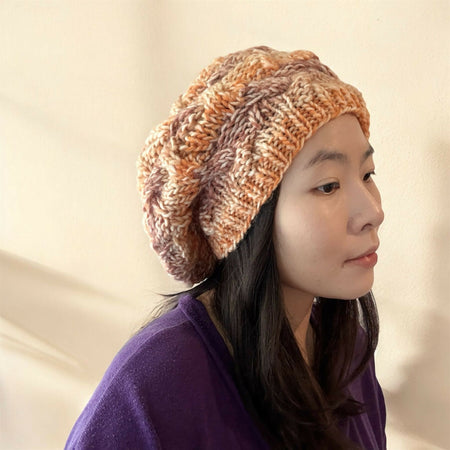 Cable Hand Knit Slouchy Beanie in orange brown mix