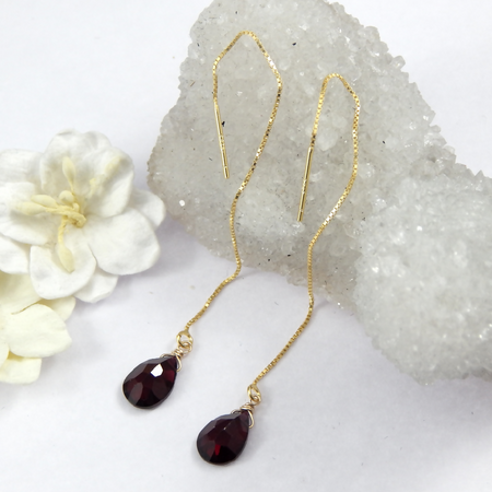 Garnet Threader Earrings,Red Garnet Threader Earrings,January Birthstone Earrings