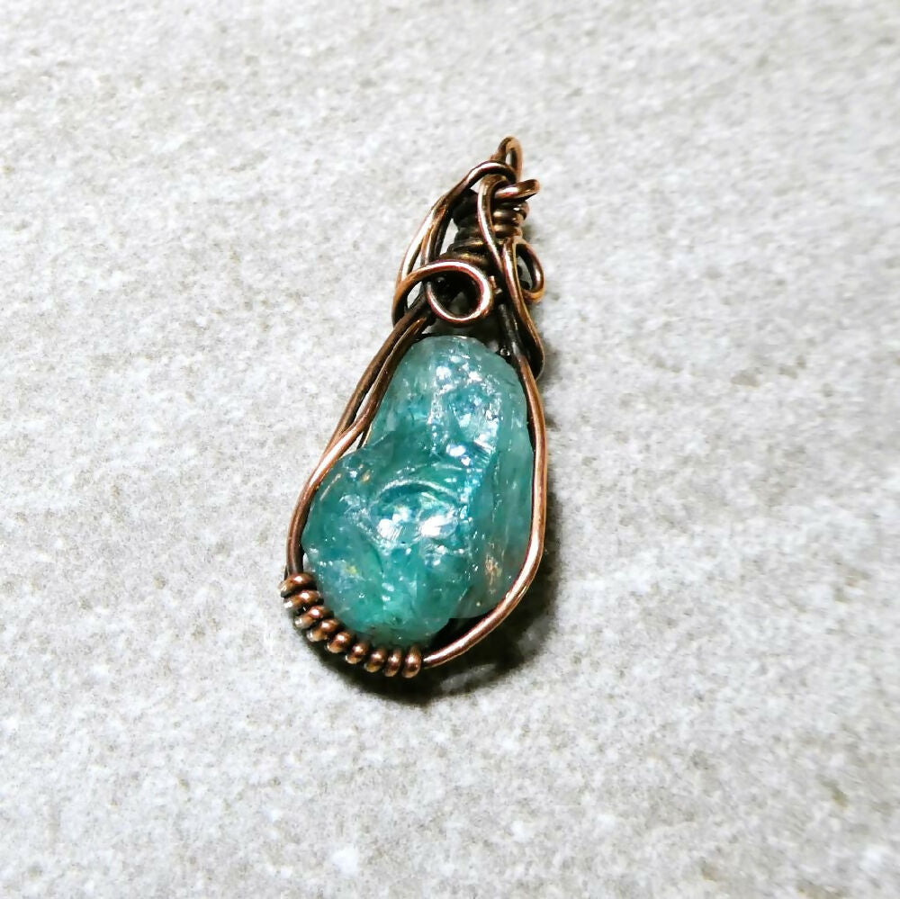 Green Apatite crystal pendant copper wire wrapped