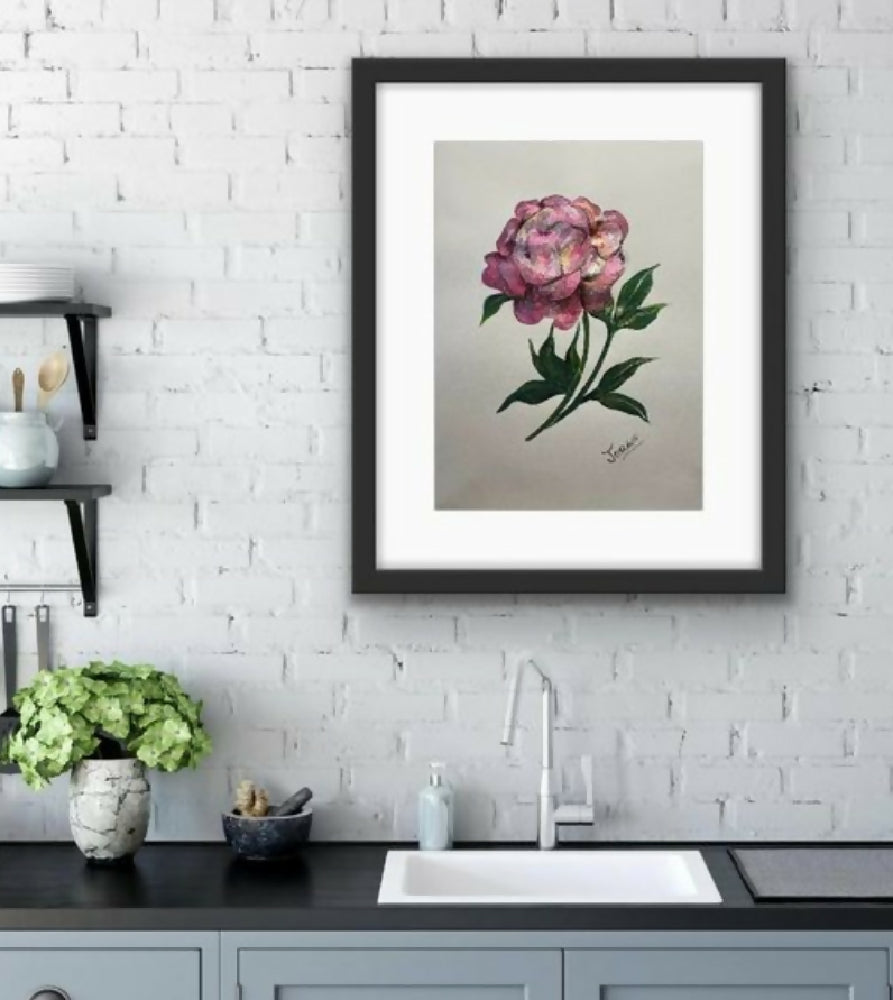 Watercolor Titled Divine , stunning shimmering rose framed