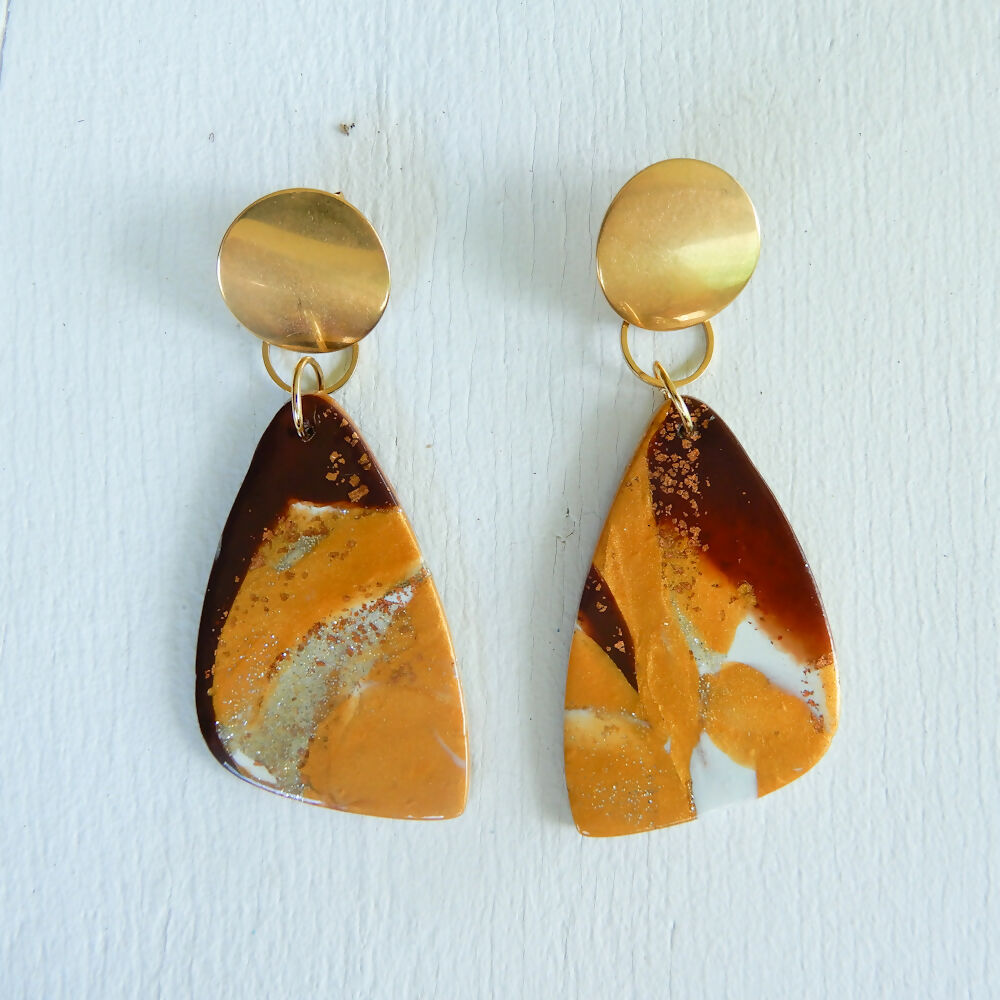 Brown & Gold Polymer Clay Earrings "Desert Fire"