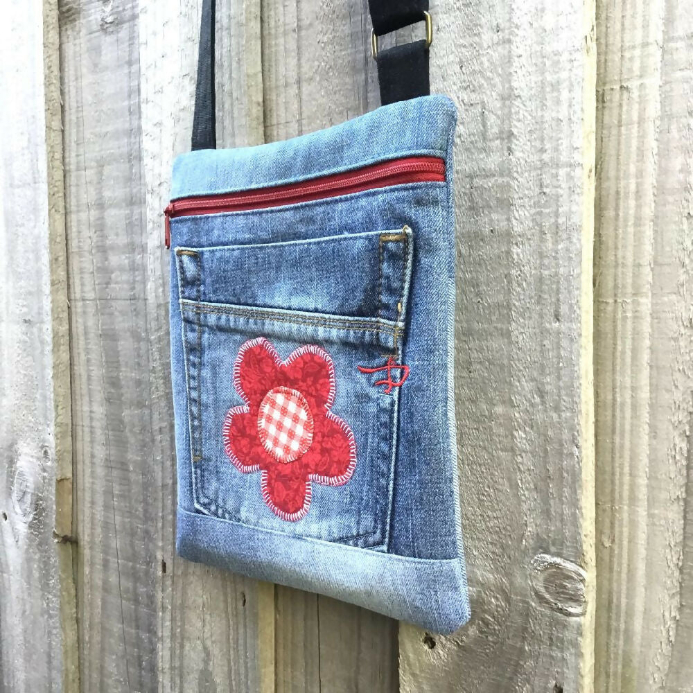 Upcycled Denim Crossbody Bag - Red Flower