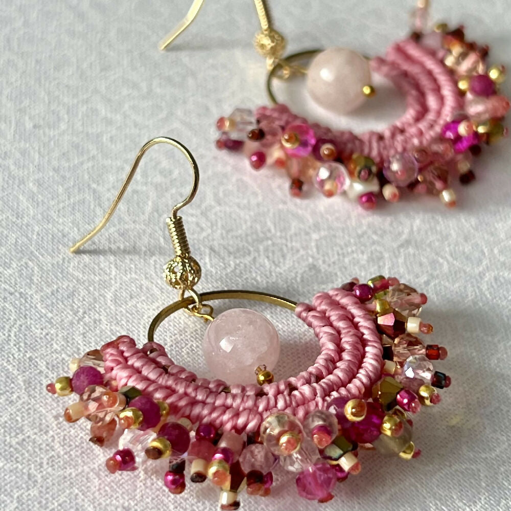 Pink Shades Micro Macrame Earrings gemstone +Free Microfiber Pouch