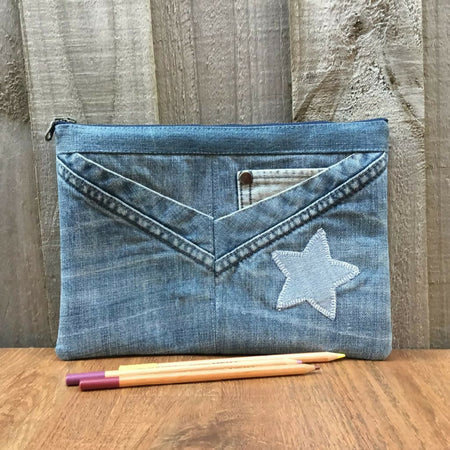 Upcycled Denim Pencil Case – Front Pocket Star