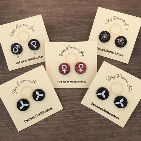 Earrings - Hand Painted Wood Studs - Symbolic Designs