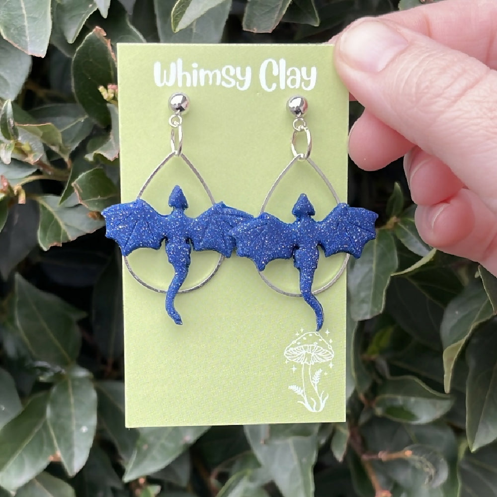 Navy Blue Glitter Dragon Earrings