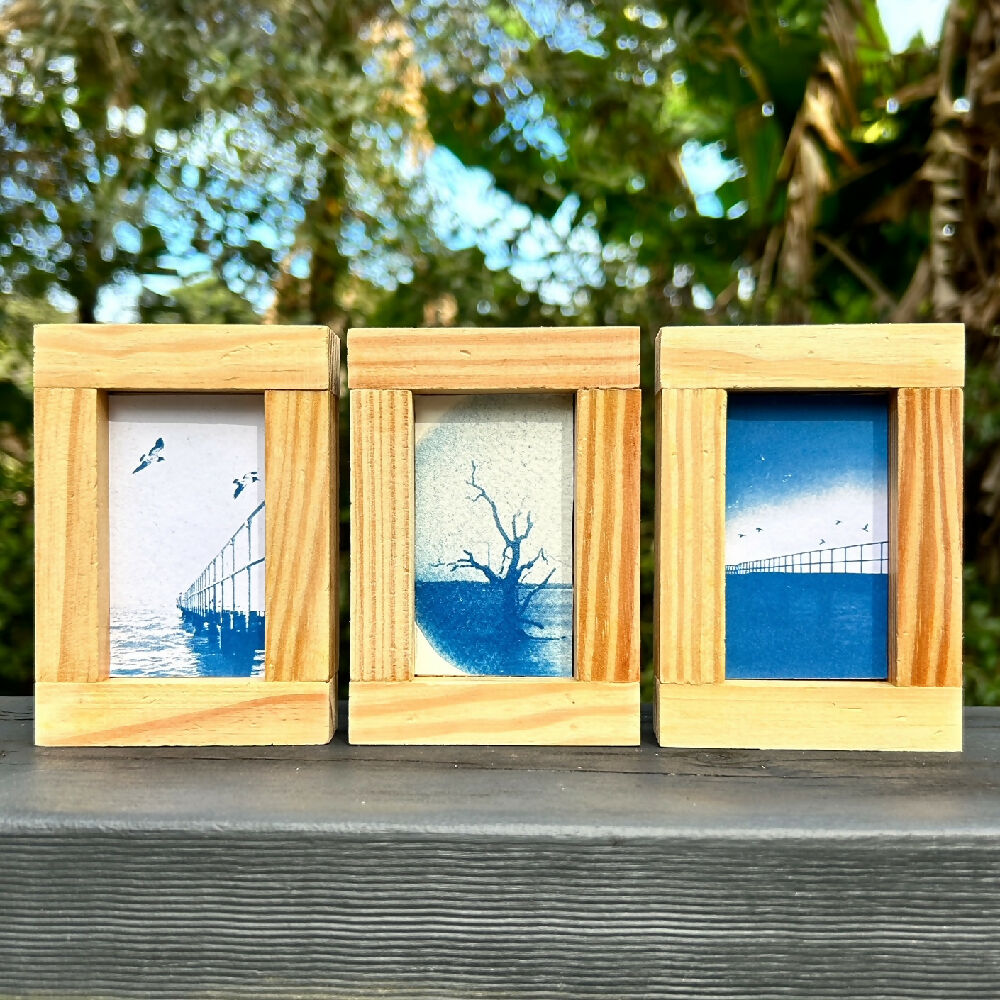 Set of original cyanotype art in handmade frames, seascapes