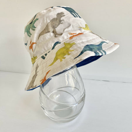 Summer hat in watercolour (blue) dinosaur fabric