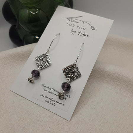 Fine silver earrings boho leaf print and bead -handmade ear wire