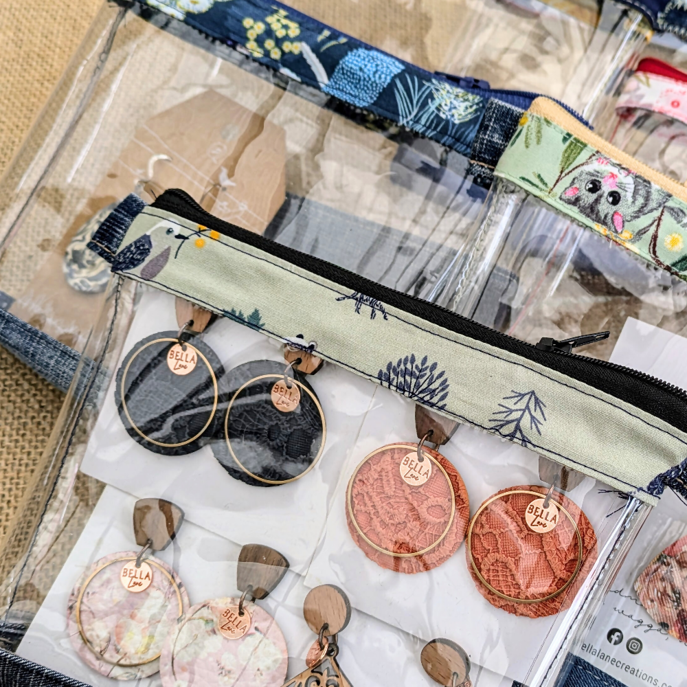Travel Pouch Clear Organiser upcycled Denim Yellow Roses and Gingham