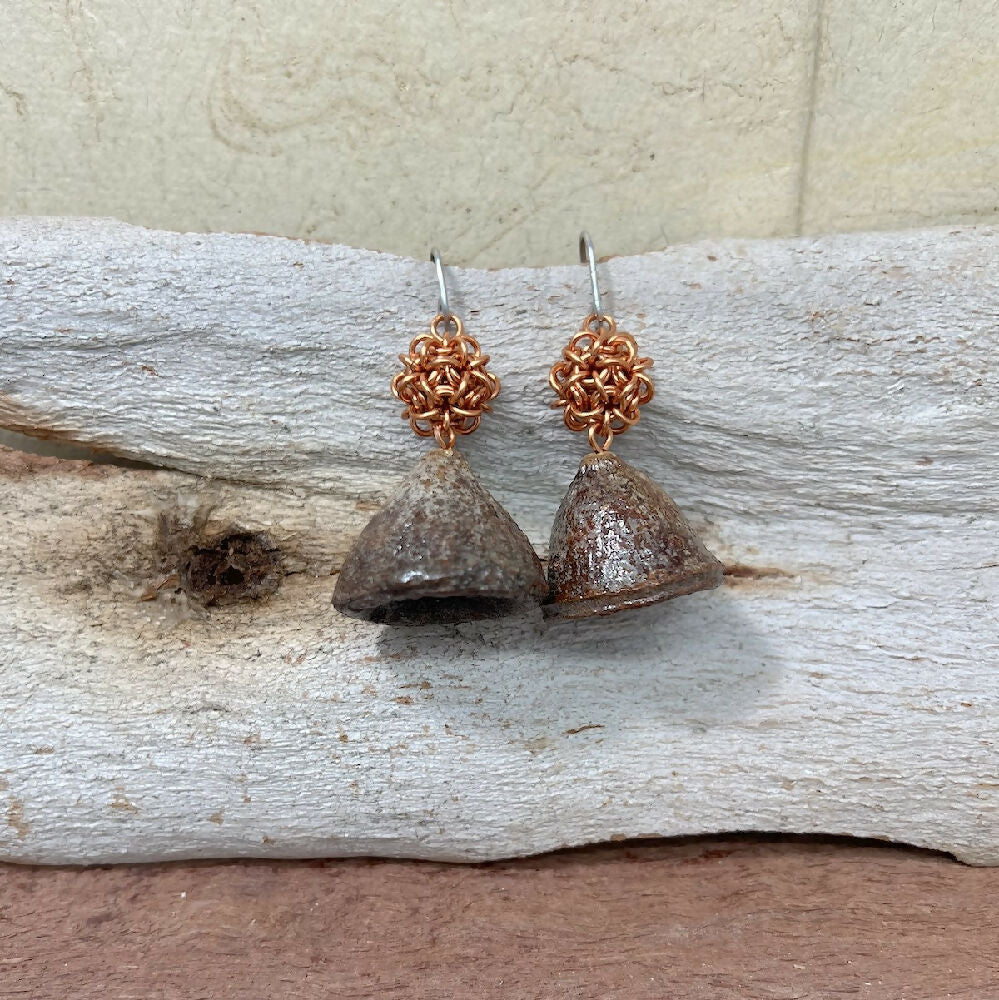 Copper ball + gumnuts cone earrings